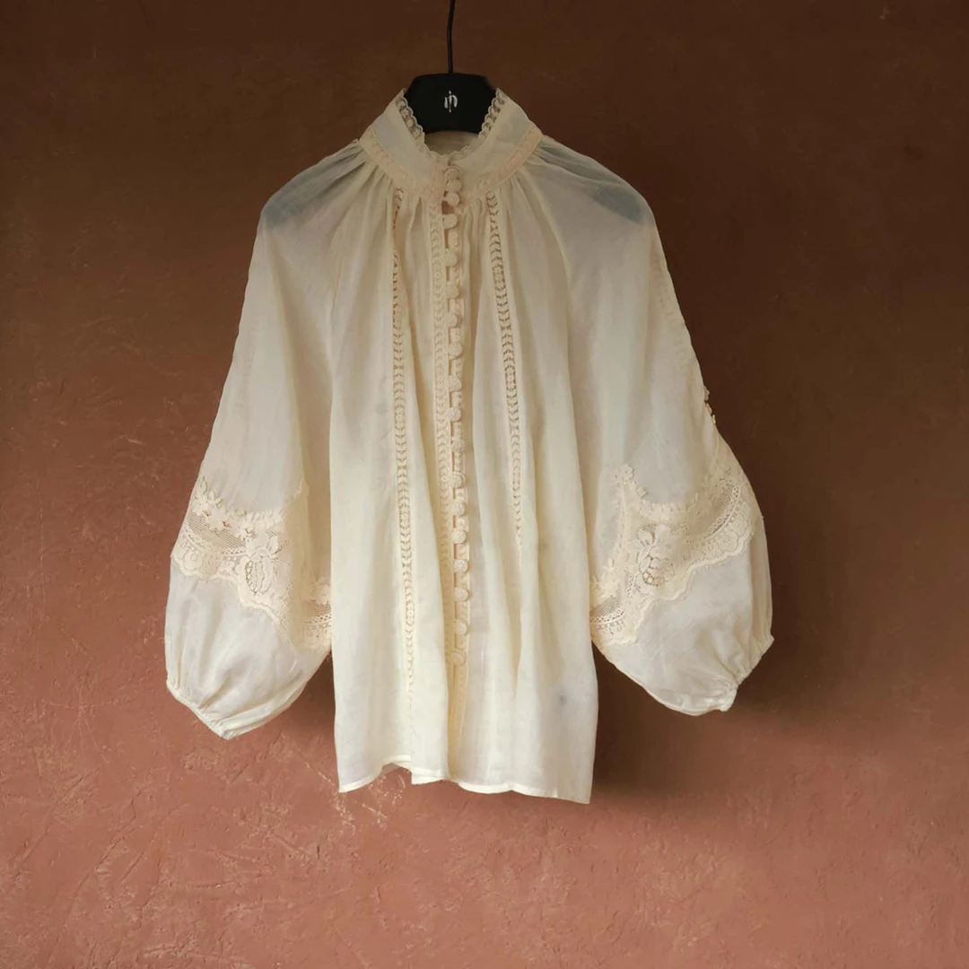 IMMUNO壹糯 夏重工水溶蕾丝设计感花边休闲度假立领苎麻轻薄衬衫