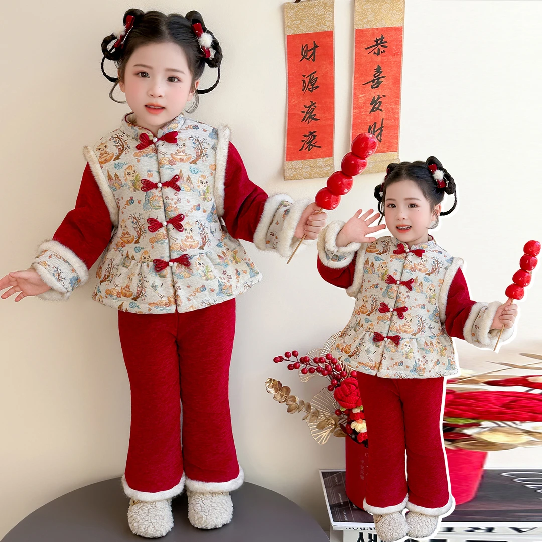 中小童冬装国风发财树年服加厚套装2025新款儿童唐装女宝宝拜年服