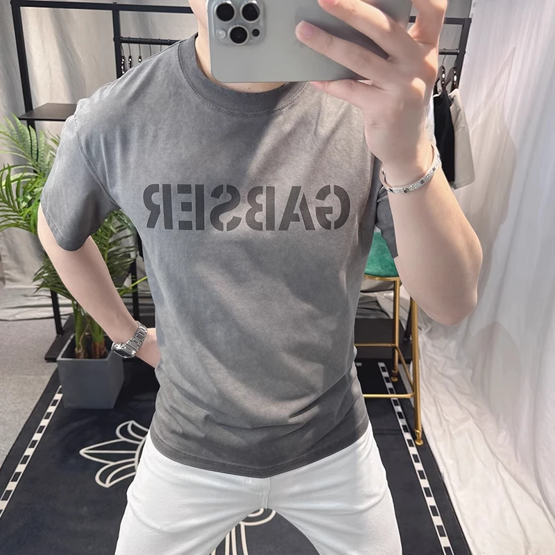 高级感男装高端潮牌字母印花短袖t恤男新款夏季美式水洗做旧上衣