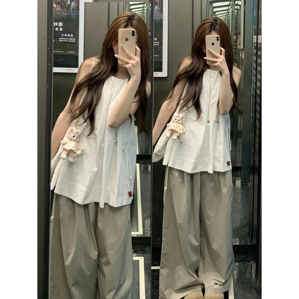 parkyeon白色设计感小众抽绳收腰无袖上衣搭配高腰阔腿裤两件套