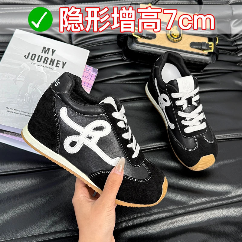 真皮德训鞋女2025秋季新款厚底内增高小个子百搭运动休闲阿甘鞋子