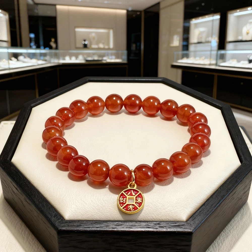 八方来财8MM红玛瑙手串气质国风红色单圈冰红精致素圈