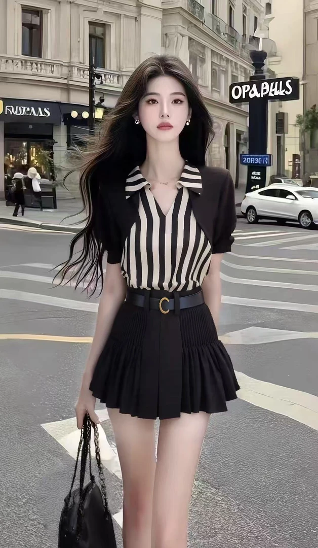夏季新款时尚休闲风气质穿搭撞色条纹短袖V领上衣+黑色半身裙套装