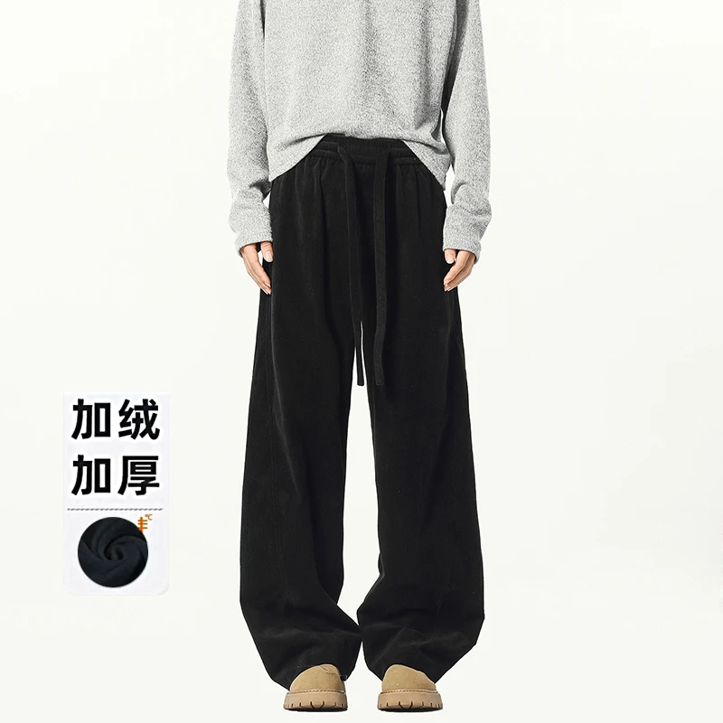 直筒裤透气冬季刺绣阔腿裤休闲裤潮流加厚宽松裤子