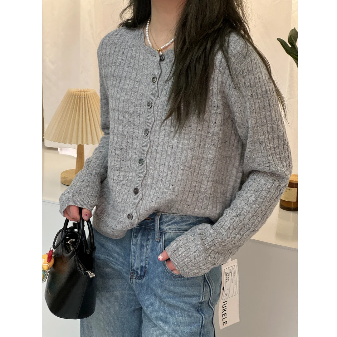 zhukele 粗条圆领羊 毛开衫   休闲百搭潮流