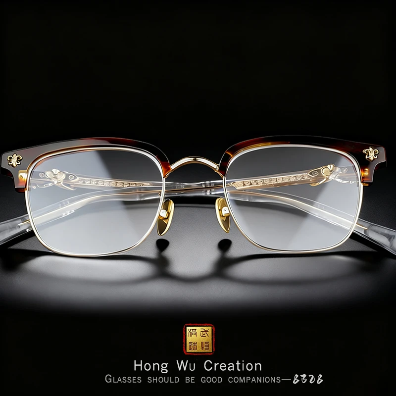 【洪武造物】8328柯罗联名稀有板材太刀雕花轻奢眉框眼镜（包镜片）