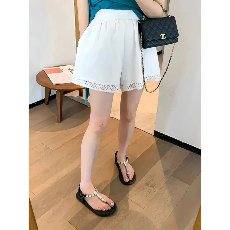 白色镂空花边外穿休闲短裤裤子蕾丝女2025夏季新款高腰显瘦阔腿裤