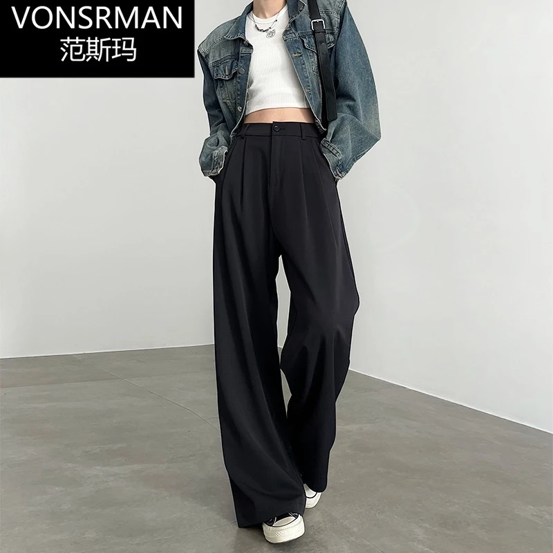 黑色西装裤女春秋2025新款高腰垂感宽松显瘦设计感拖地直筒宽裤