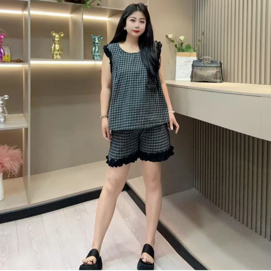 夏季套装-雨 5605时尚蕾丝边格子休闲潮流透气胖MM大码女装新款