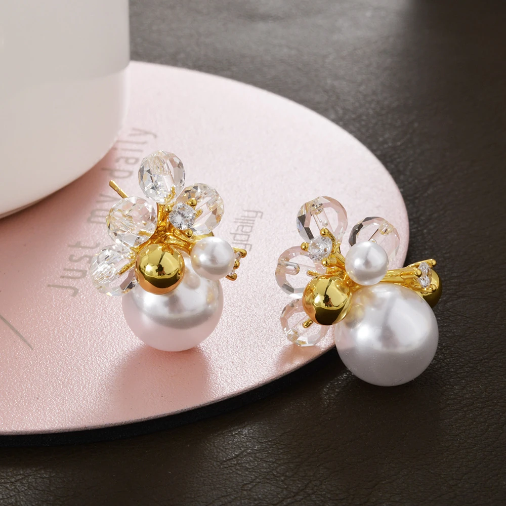 铜合金仿珍珠耳饰 鼎溢花朵耳钉轻奢小众设计高级感简约气质yh