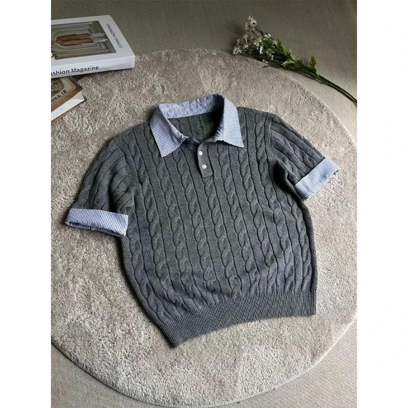 【慌慌】老钱风假两件polo衫男夏季针织短袖衬衫复古t恤半截袖