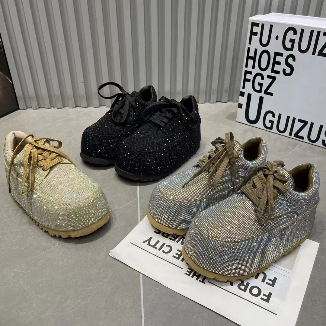 欧货水钻满钻重工卡皮巴拉系带厚底松糕休闲鞋板鞋小个子6cm女鞋