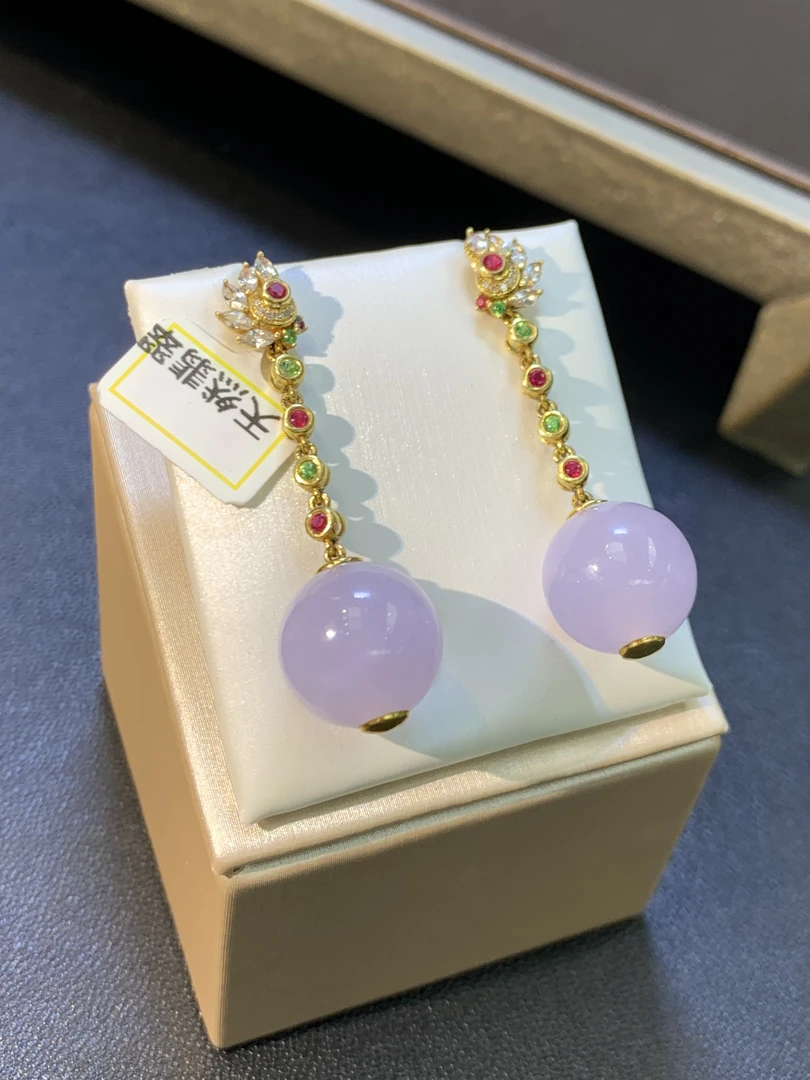 紫罗兰珠子耳饰 天然翡翠裸石A货：12.5mmJM2.24