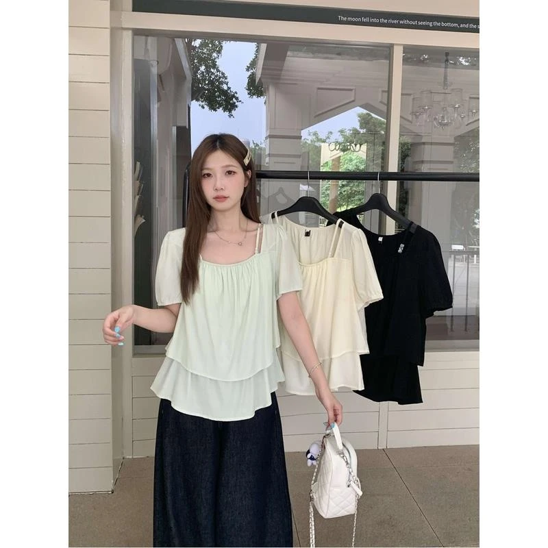 2025夏季新款胖mm大码法式气质百搭方领短袖T恤设计感娃娃衫上衣