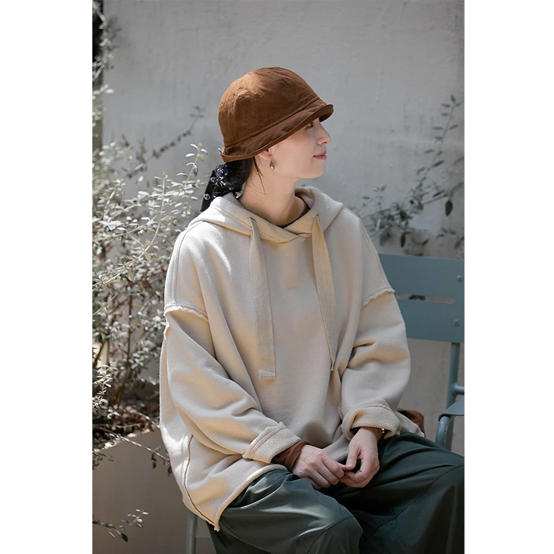 经典小众文艺秋款糙米色木棉针织布短袖厚实柔软连帽卫衣1051