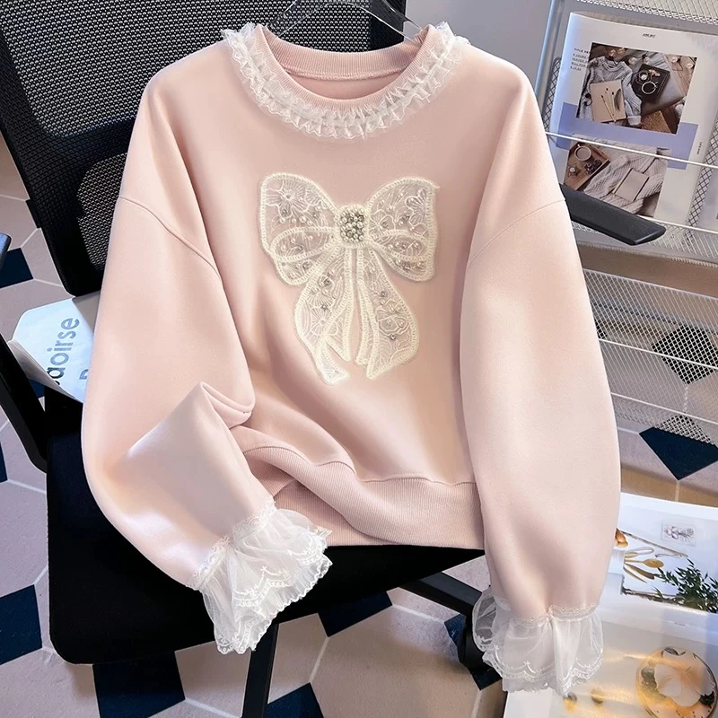 女童春季新款卫衣2025蕾丝边蝴蝶结上衣中大童圆领长袖上衣宽松潮