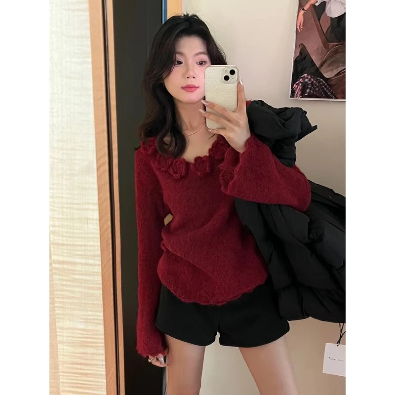 内穿外搭都好看的毛衣！純欲立体花朵毛衣秋冬气质喇叭袖勾花小衫