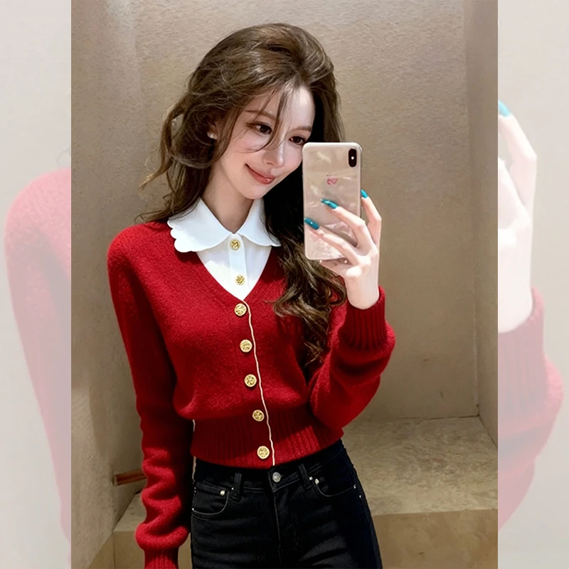 秋冬新款时尚洋气百搭女装气质衣服红色假两件长袖针织开衫小上衣