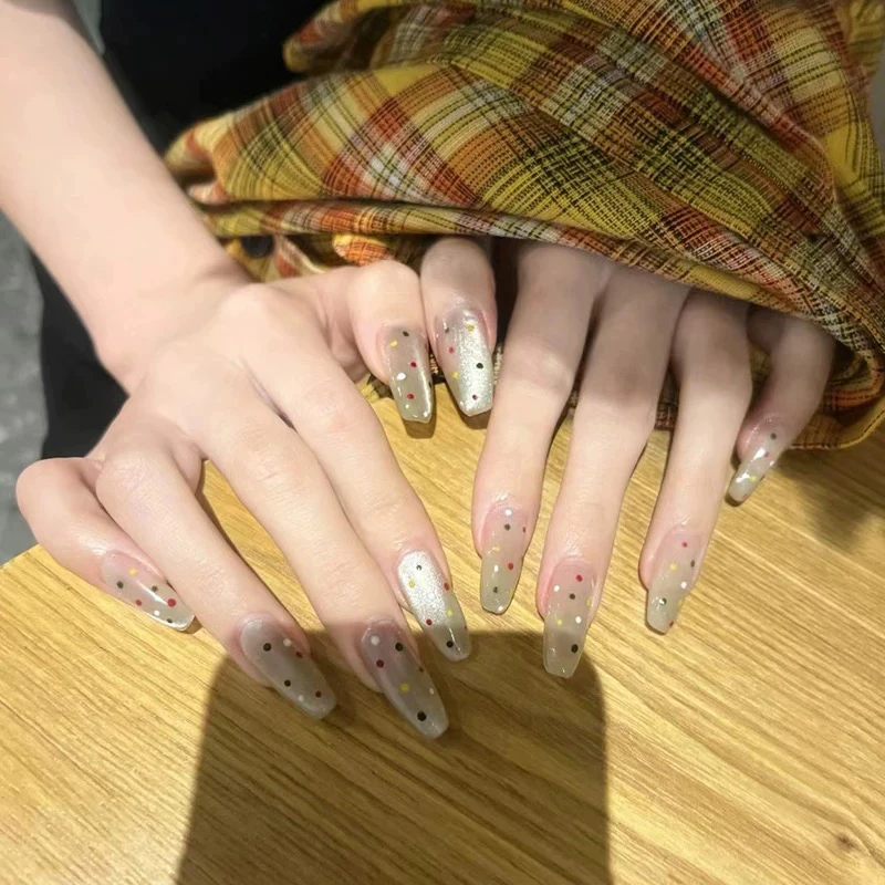 彩色波点玻璃珠猫眼美甲中长款纯手工穿戴甲高级显白ins风光疗甲