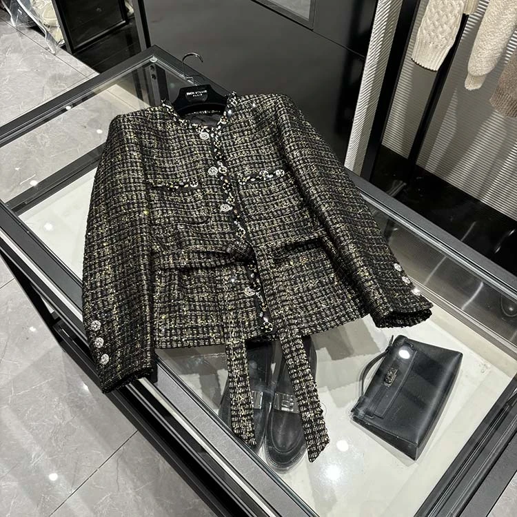 25年秋季新款 设计感名媛黑金重工钉珠系带收腰外套-25Y1610