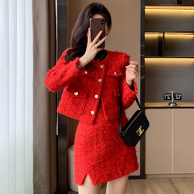 2023秋冬装新款小香风套装时尚气质高级感新年服红色连衣裙两件套