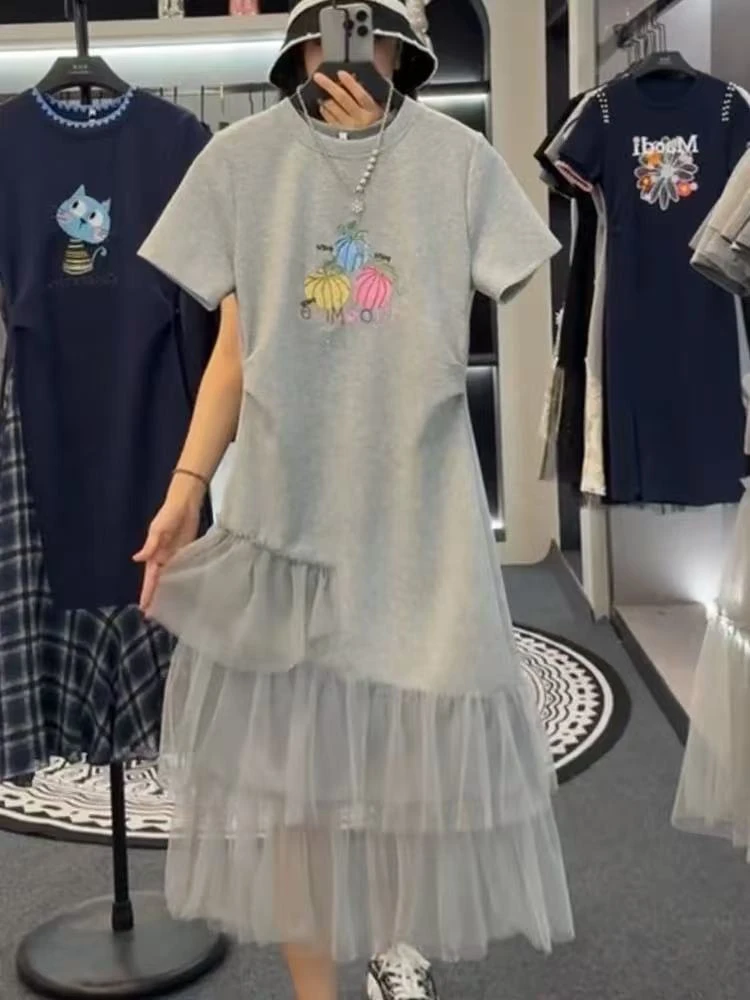 【彩瓜网纱】欧货刺绣假两件连衣裙2025新款网纱收腰中长裙