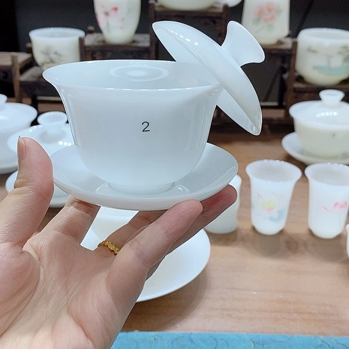 高端冰种玉瓷盖碗茶杯