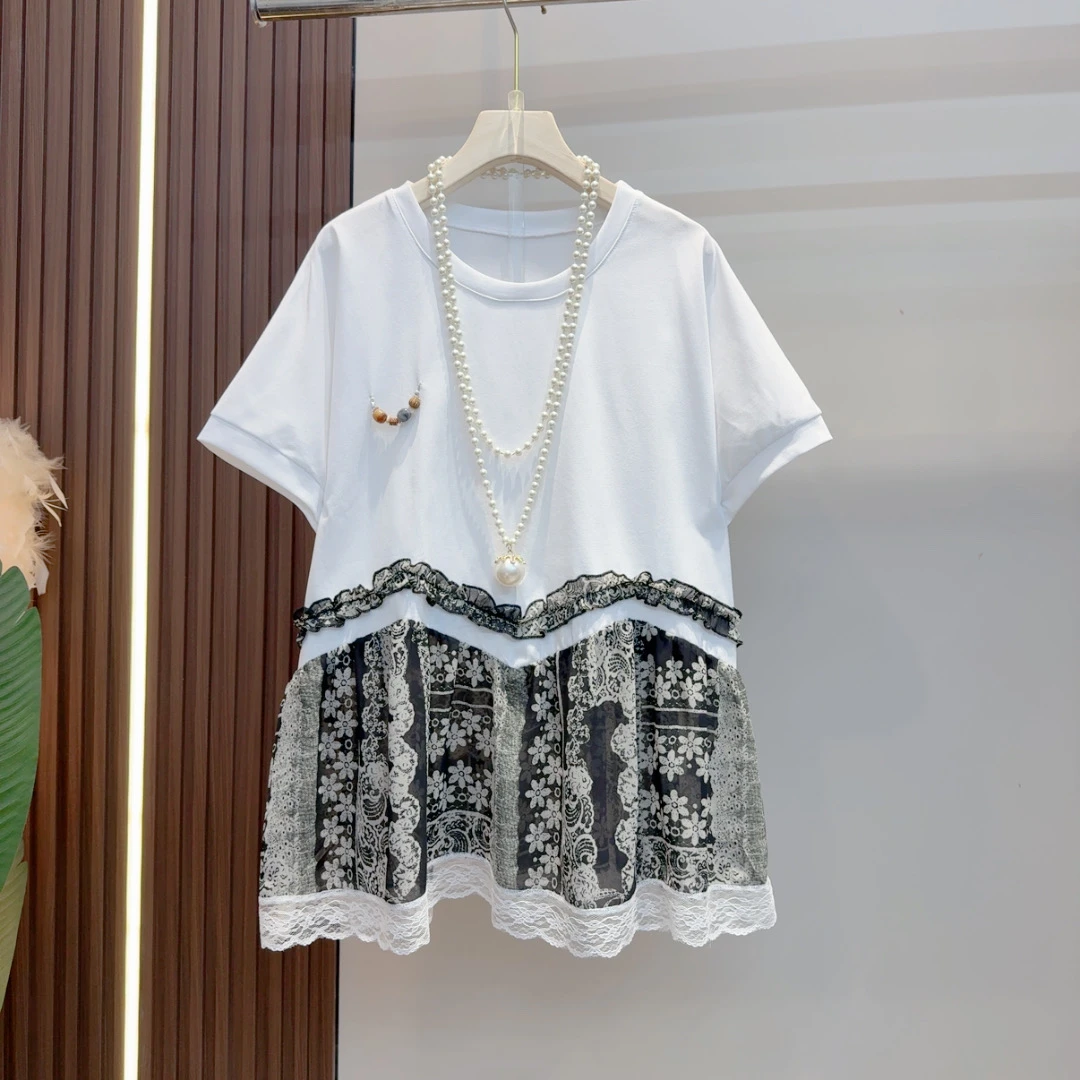 欧洲站新款蕾丝拼接设计感短袖t恤女夏季圆领宽松上衣女682