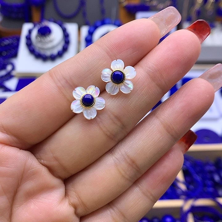 青金石耳钉银S925镀金镶嵌