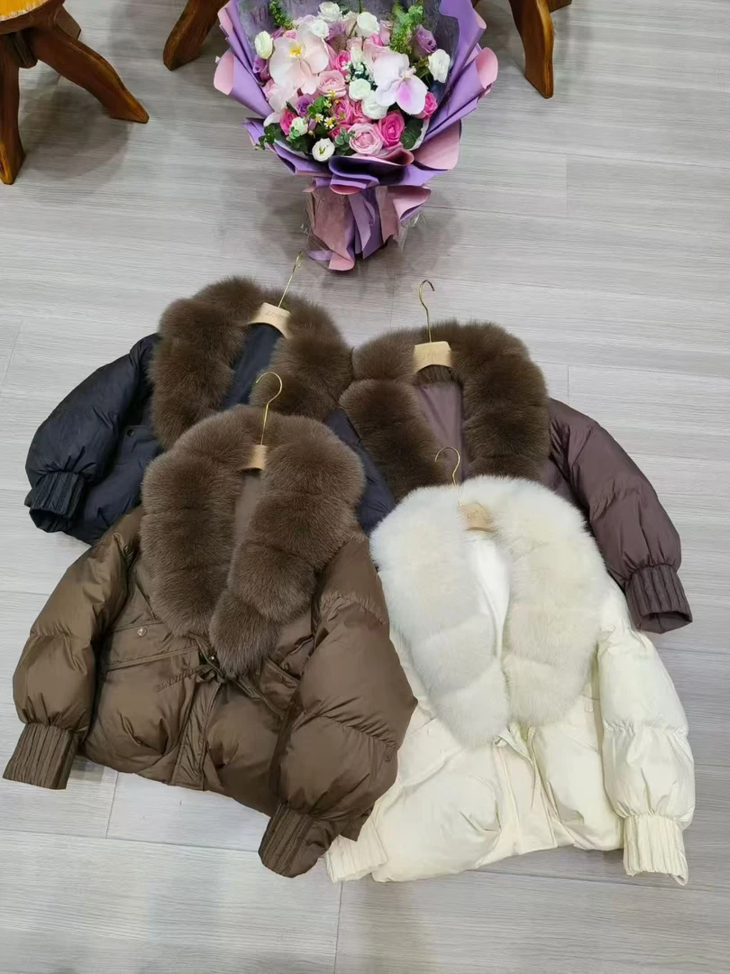 鸭店绒羽绒服套头狐狸毛领松弛感宽松休闲百搭秋冬新款韩版短款