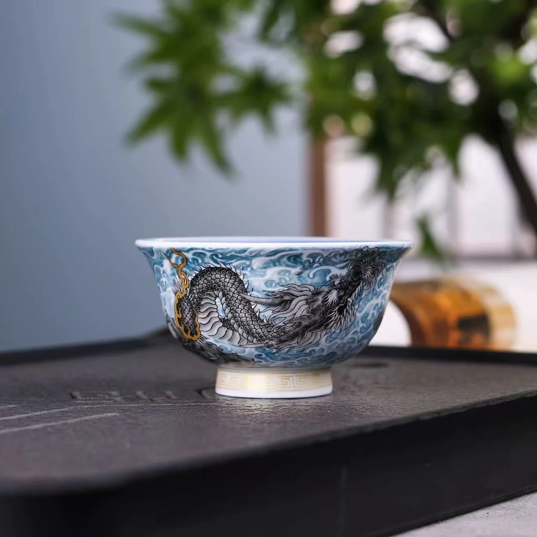 七丞堂蓝海水龙纹压手主人杯个人专用杯家用功夫茶具大容量珐琅彩