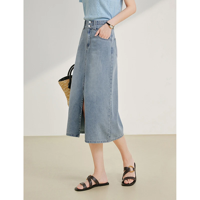 茵曼2024夏季新款女半身裙牛仔伞裙显瘦休闲A字高腰百搭遮开叉