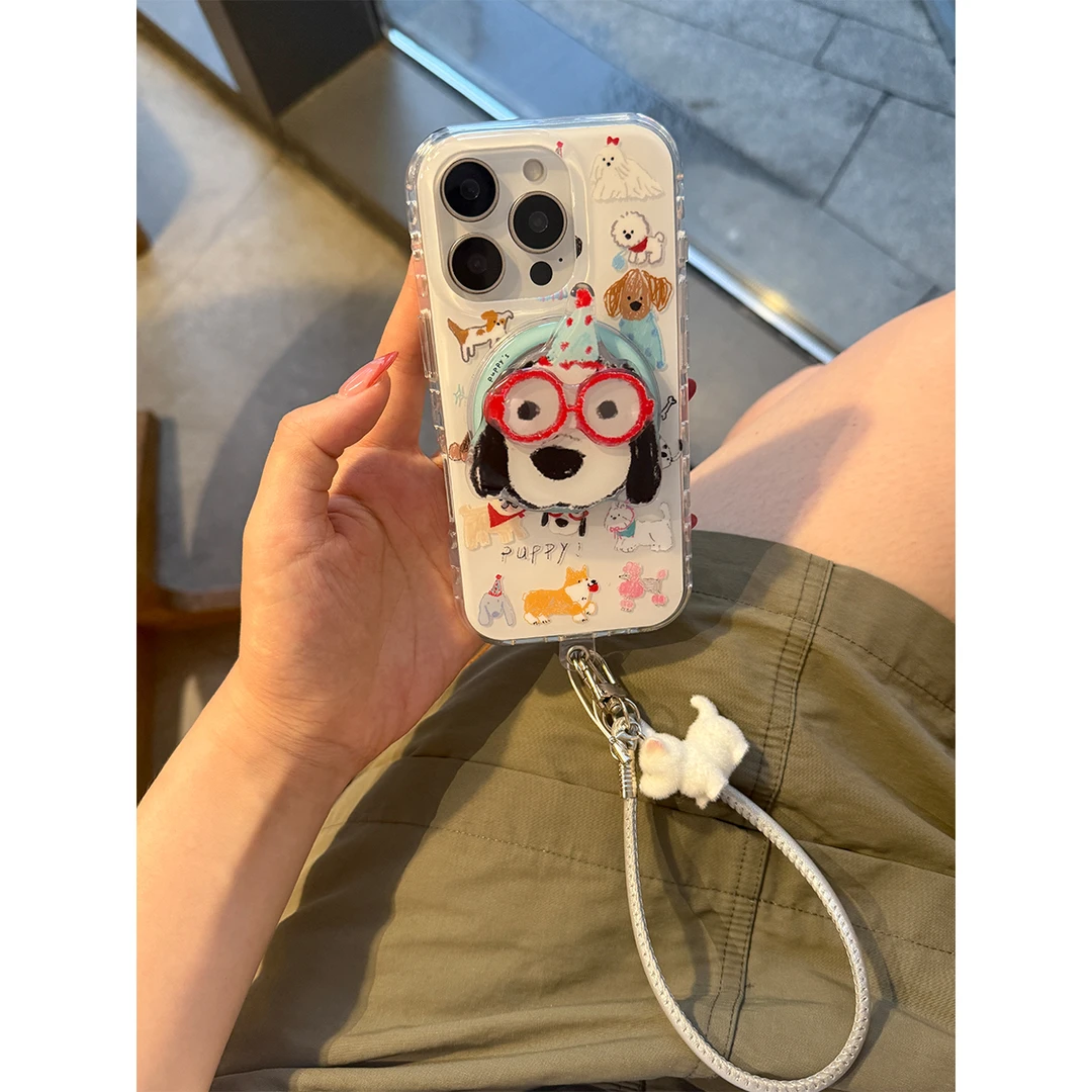 适用苹果16手机壳iPhone15/14proma可爱涂鸦小狗磁吸手机保护套