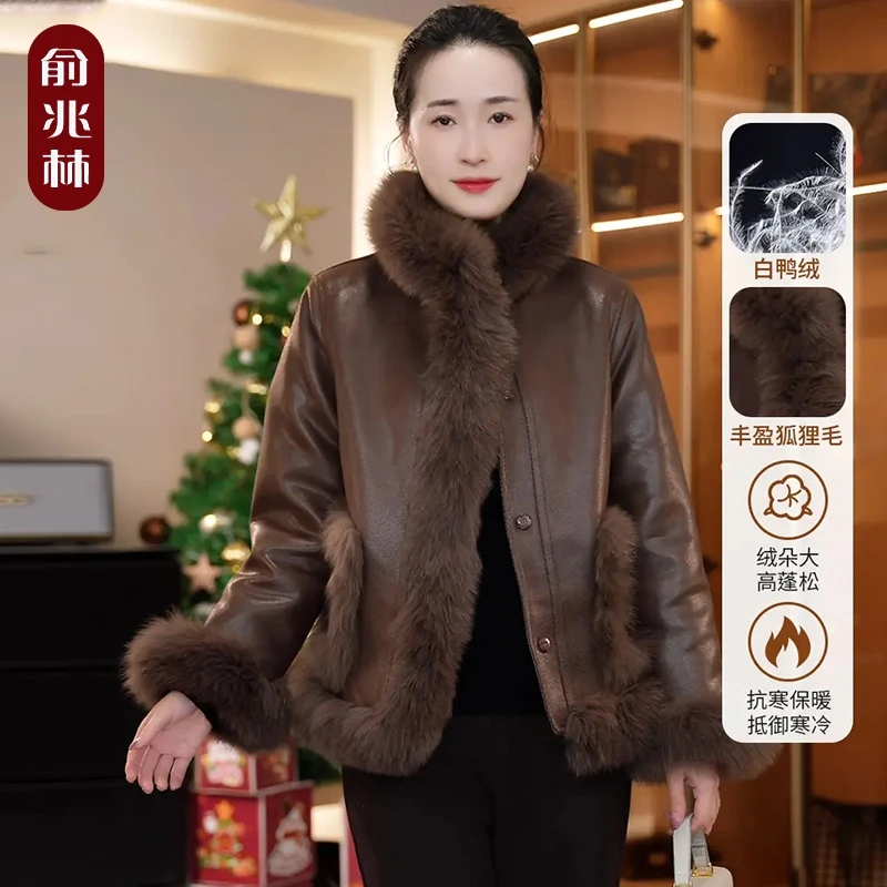 中年妈妈装90白鸭绒羽绒服真狐狸毛2024时尚气质高档毛皮草短外套