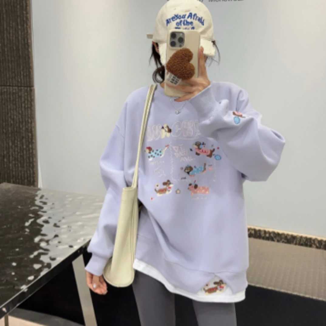 2025早春新款腊肠狗圆领假两件中长款包臀宽松套头韩版卫衣女百搭