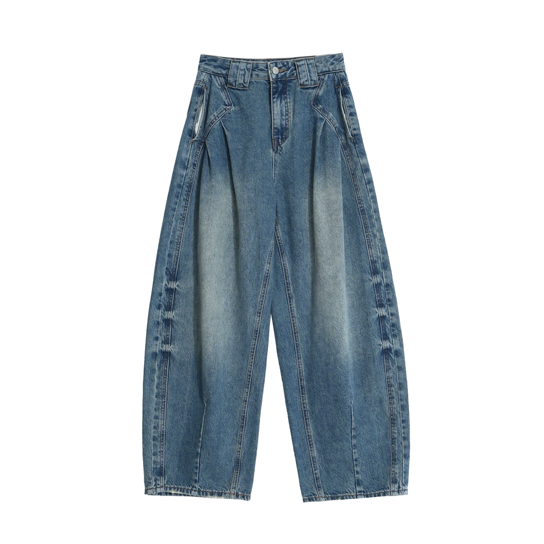 LA原创【QH11075】夏季新款设计感水洗宽松显瘦弯刀堆堆裤牛仔裤