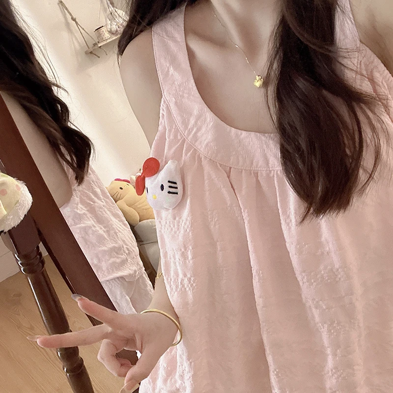 ins吊带挂脖粉色kitty睡衣女夏季带胸垫泡泡棉少女学生宽松家居服
