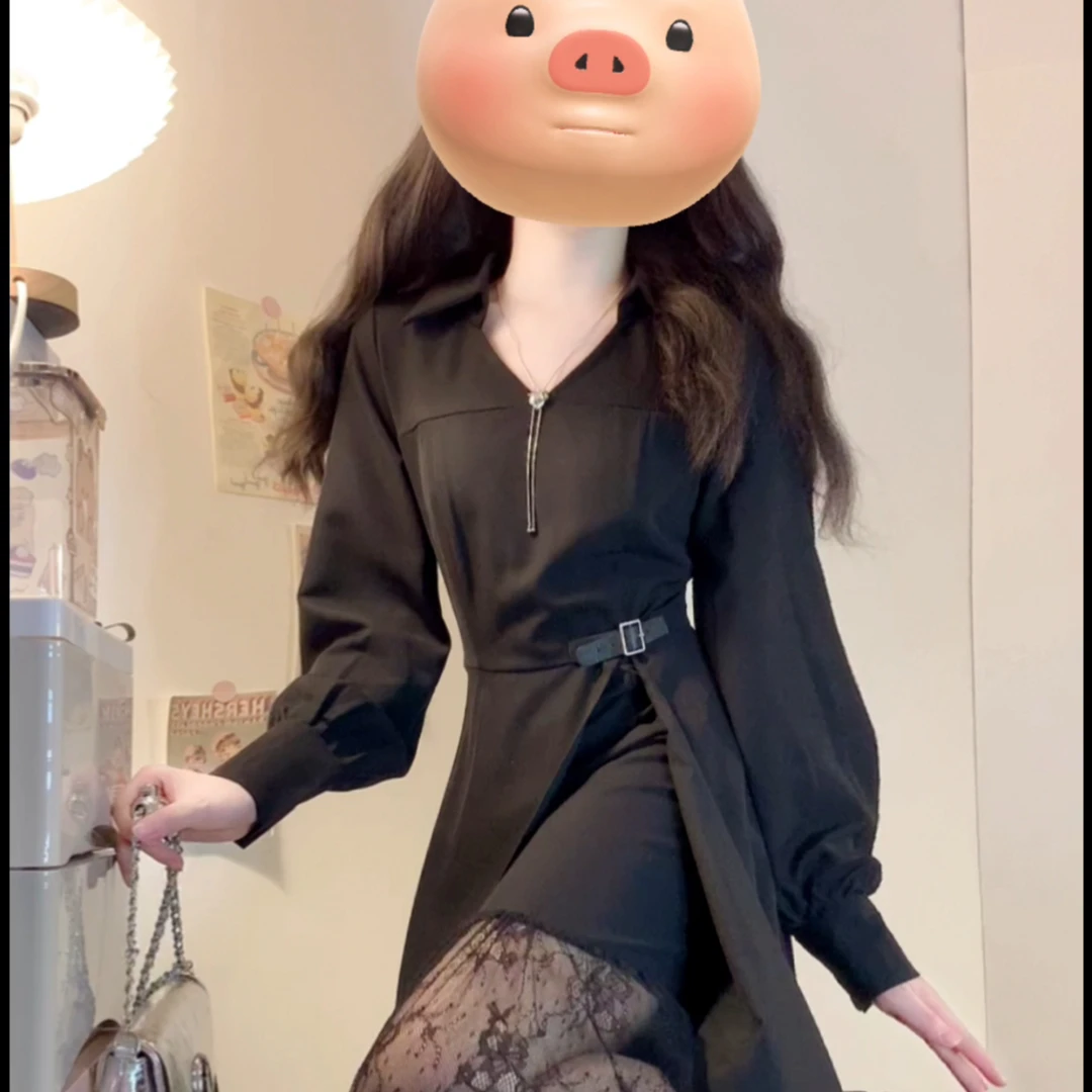 大码女装秋冬新款法式赫本风黑色蕾丝拼接不规则裙摆显瘦连衣裙女
