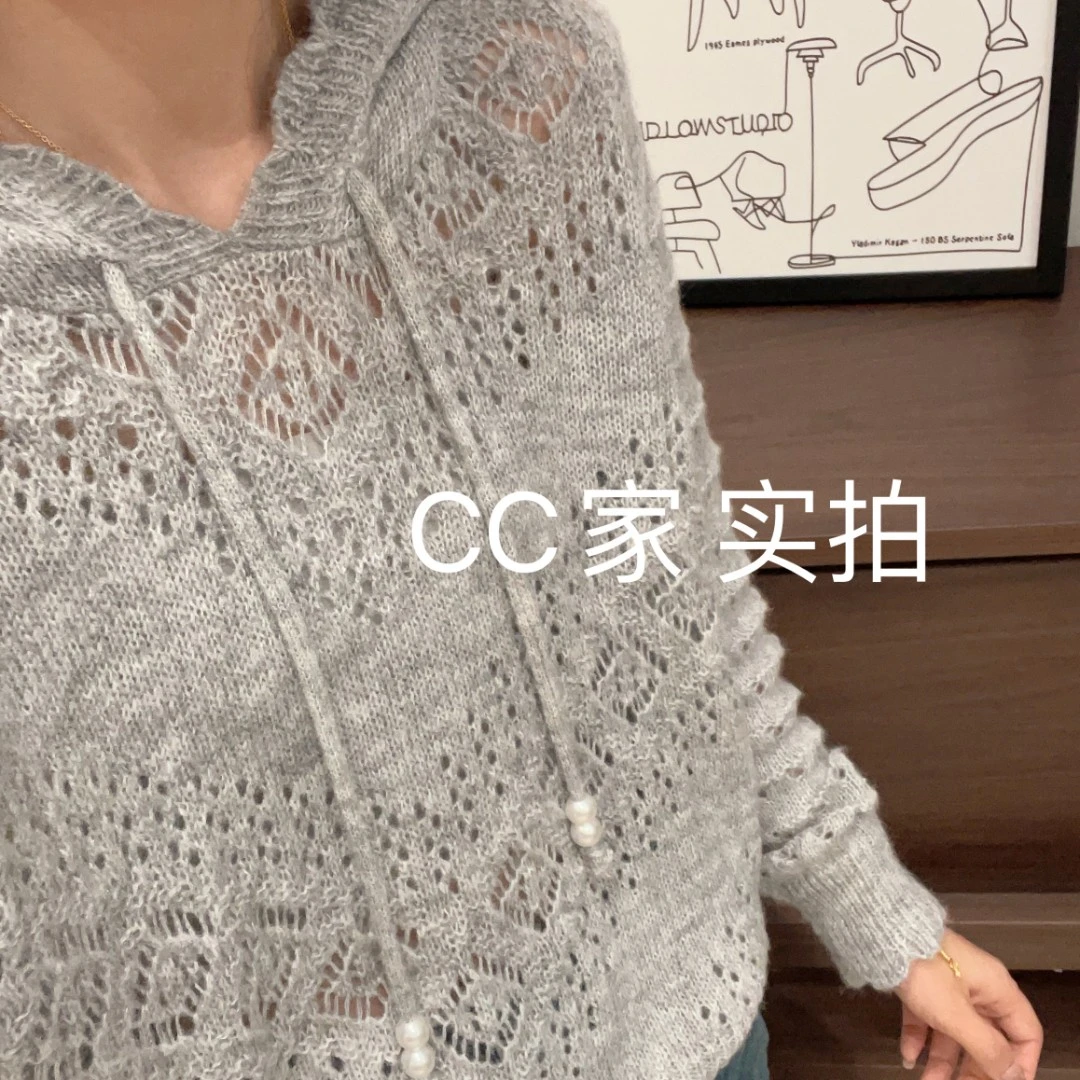 【钩花镂空灰色连帽系带】针织衫宽松显瘦休闲时尚百搭圆领套头