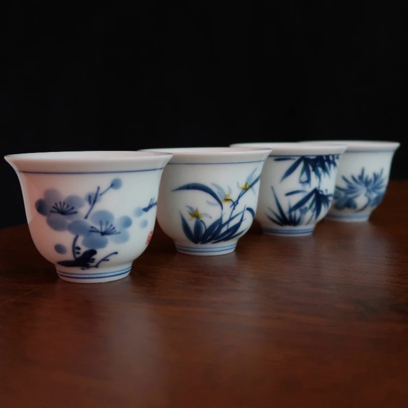 手绘青花梅兰竹菊四君子茶杯 鱼虾画片茶杯家用陶瓷茶具釉下彩