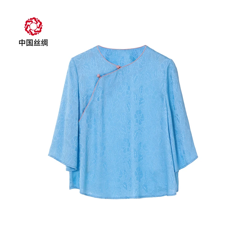 中国丝绸香云纱【牵牛花浅蓝色罗斜襟上衣】中式国风夏季透气女士