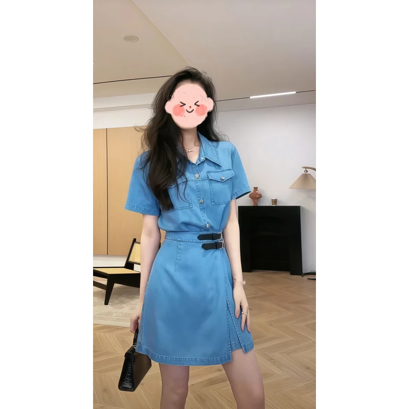 潮牌复古一片式收腰假两件牛仔连衣裙女夏季新款时尚气质百搭短裙