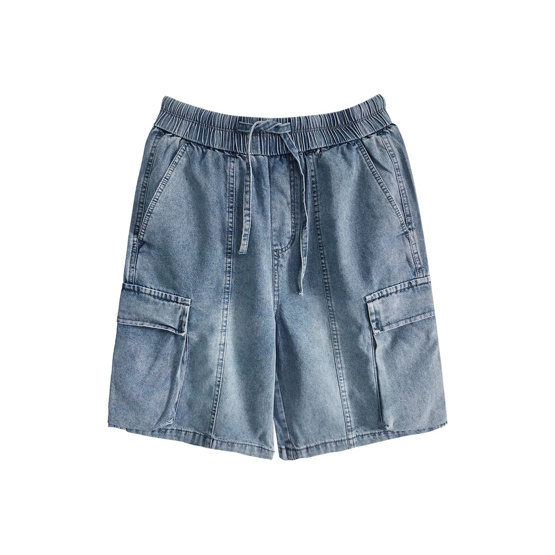 阔腿裤牛仔短裤薄款时尚中裤夏季牛仔裤蓝色水洗宽松休闲