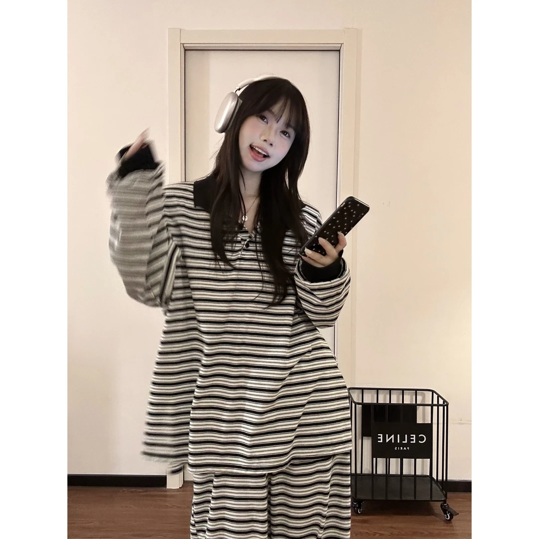 高级感简约黑白条纹睡衣女春秋季2025新款设计感家居服套装可外穿