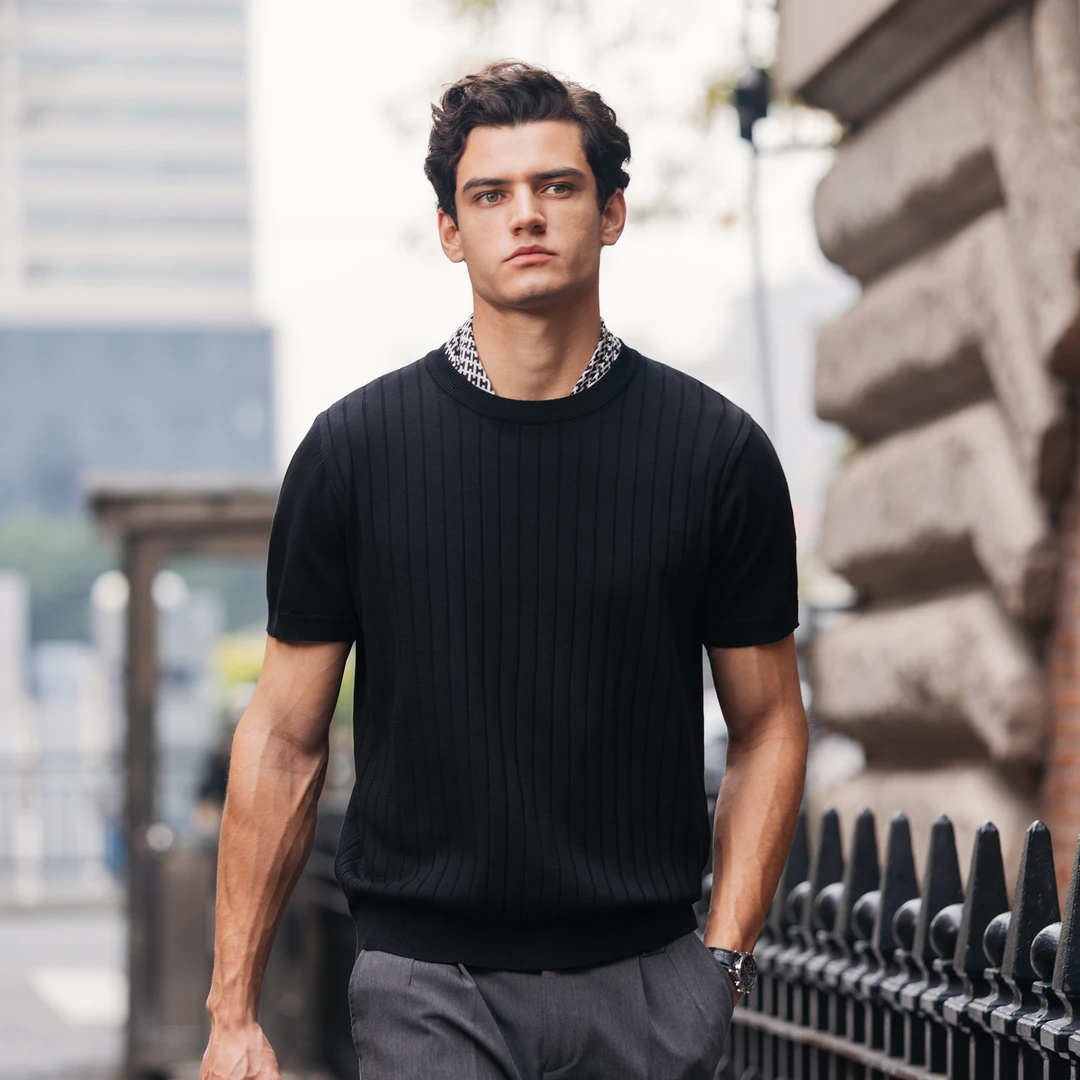 2025春夏新款男士高端提花短袖T恤男圆领打底衫内搭翻领半袖男款