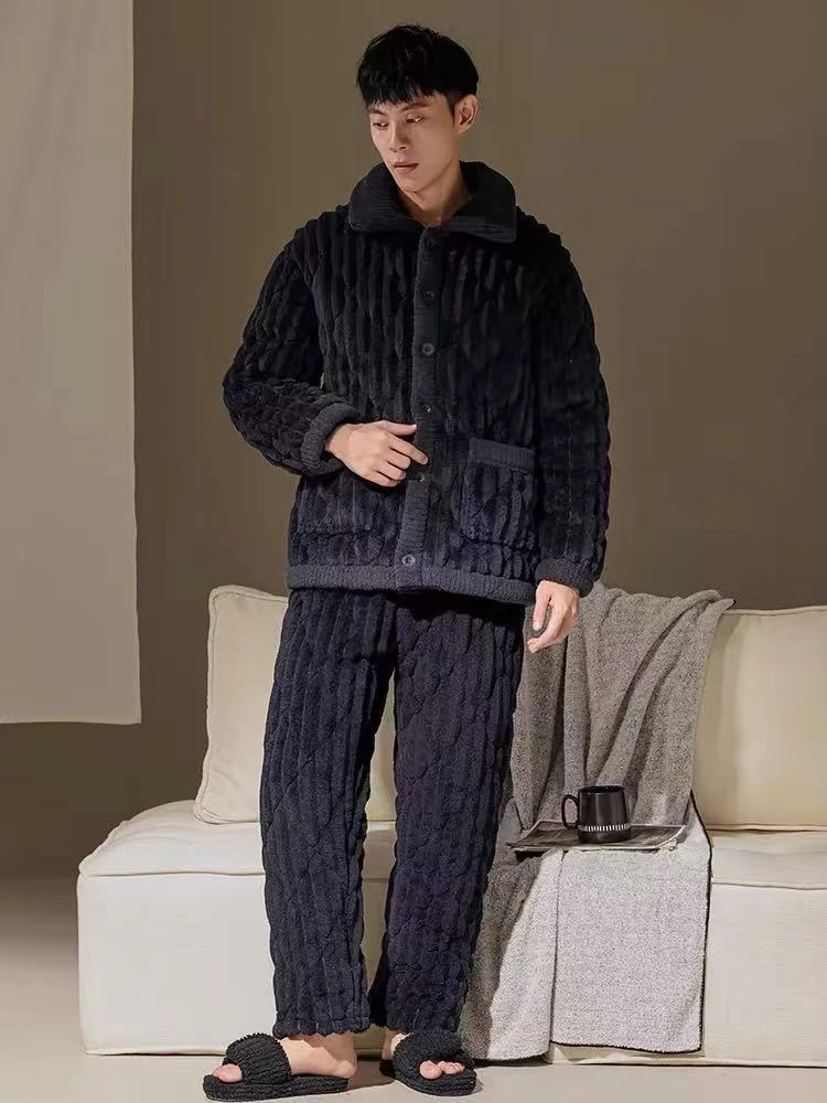 小静折扣~A961P 翻领加绒加厚三层男士家居服套装（卡码拍大）