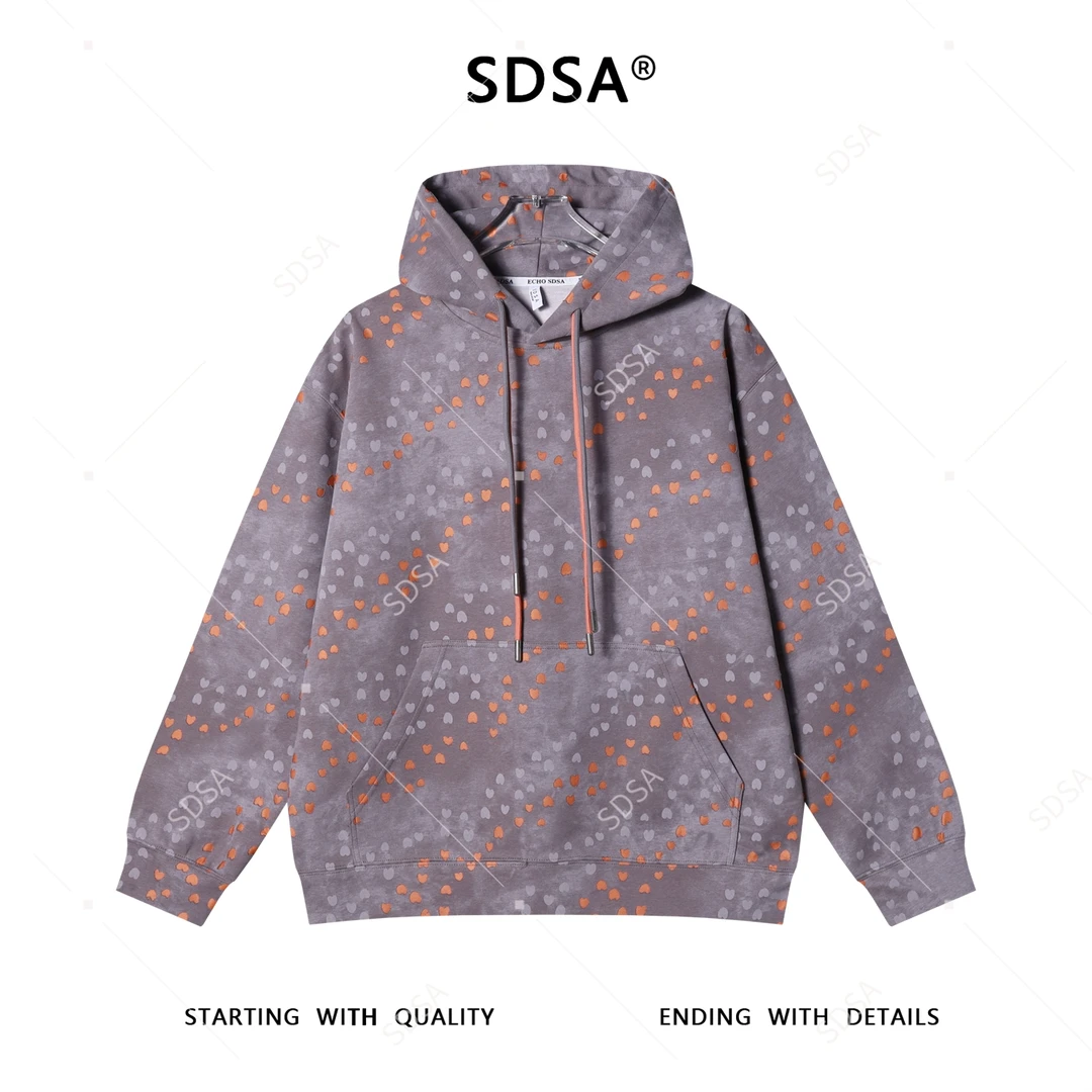 SDSA男士秋冬新款痞帅男装时尚扎染满印爱心印花抽绳连帽卫衣百搭