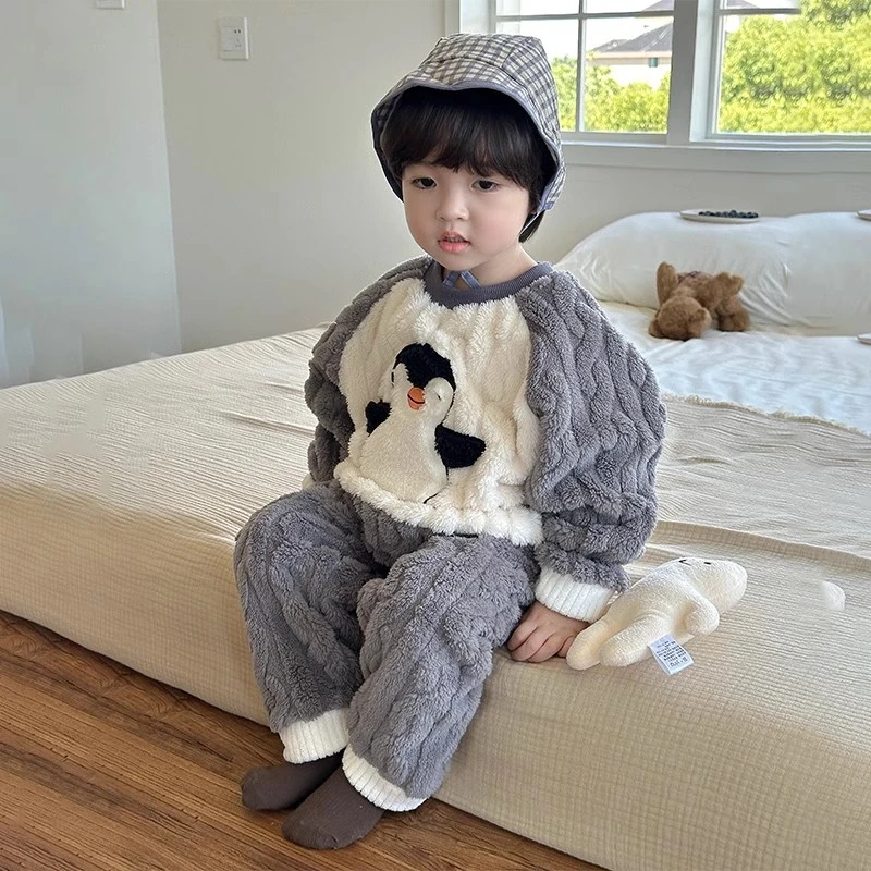男童珊瑚绒睡衣秋冬款儿童法兰绒套装男孩宝宝家居服套装