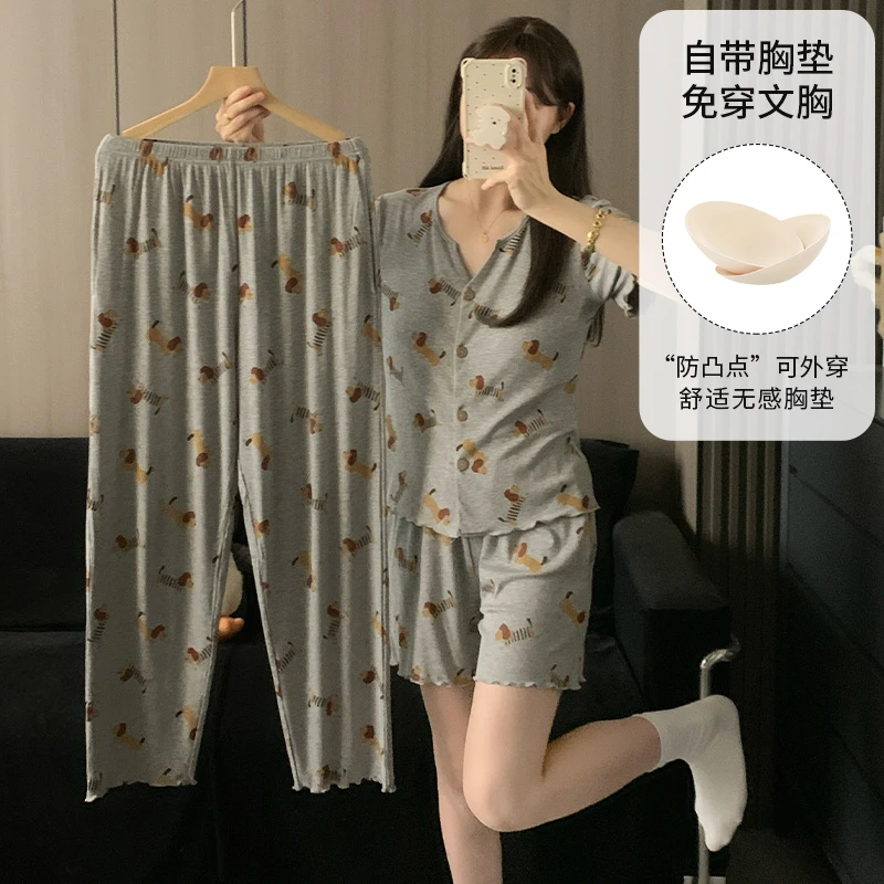 夏季新款睡衣女三件套带胸垫短袖休闲甜美显瘦家居服套装夏天薄款
