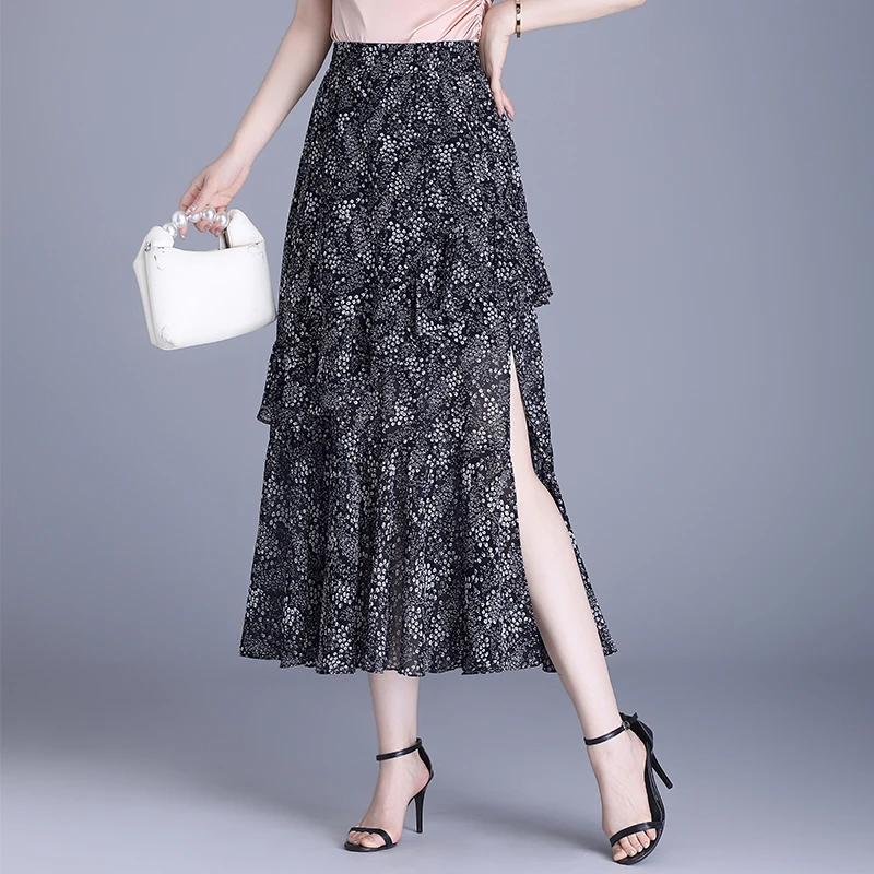 雪纺垂感碎花半身裙2025夏季新款印花满天星中长款高腰开叉a字裙